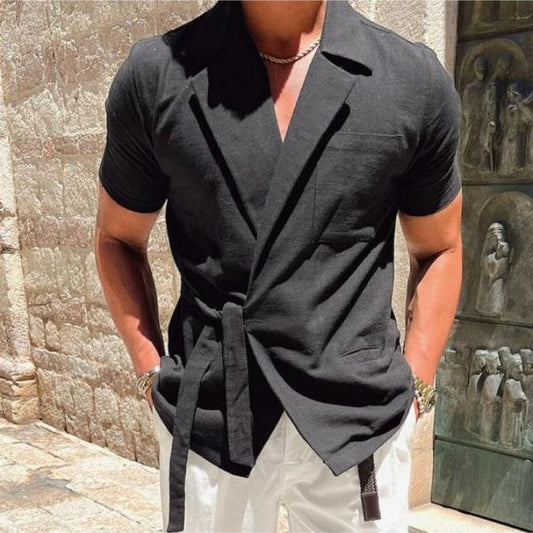 Summer Men's Solid Color Cotton And Linen Suit Lapel Tied Short Sleeve Shirt - globaltradeleader