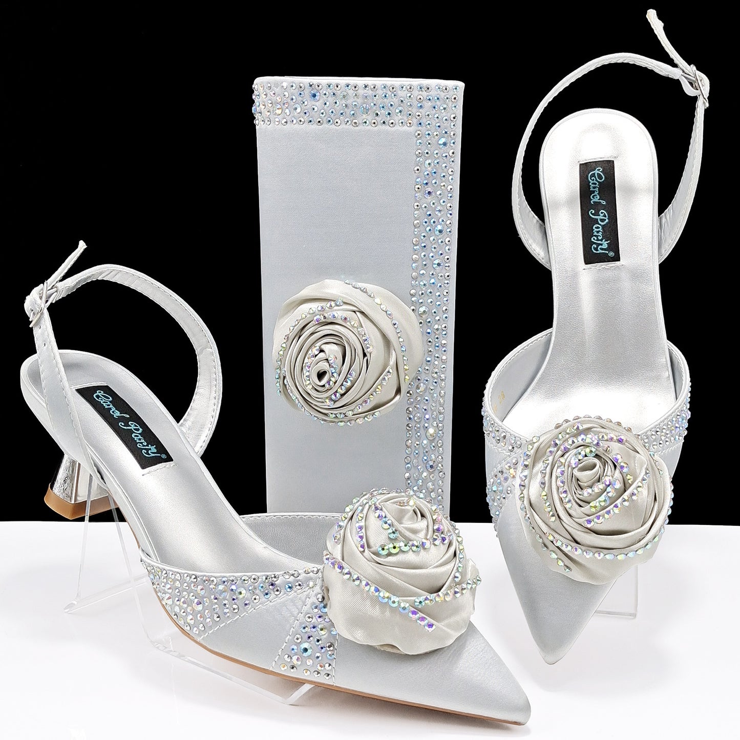 Women's Shoes And Bags Handmade Flower Decoration High Temperature Rhinestone Satin High Heels Suit - globaltradeleader