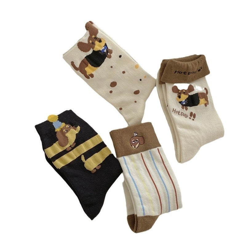 Autumn And Winter Puppy Embroidery Tube Socks Flanging Cartoon Sausage Dog Vertical Bar Bunching Socks - globaltradeleader