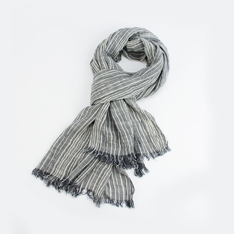 Cotton And Linen Scarf Japanese Literary Style Striped Fringed Drape