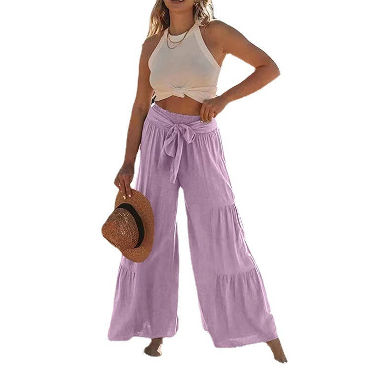Women's Fashion Tie Stitching High Waist Crimp Casual Loose Pants - globaltradeleader