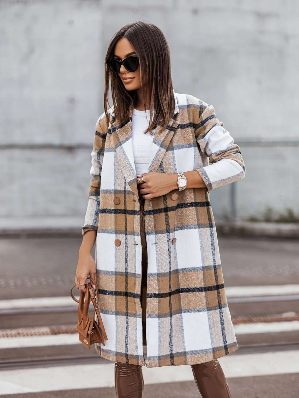 European And American Fall Winter Fashion Brushed Mid-length Plaid Wool Coat - globaltradeleader