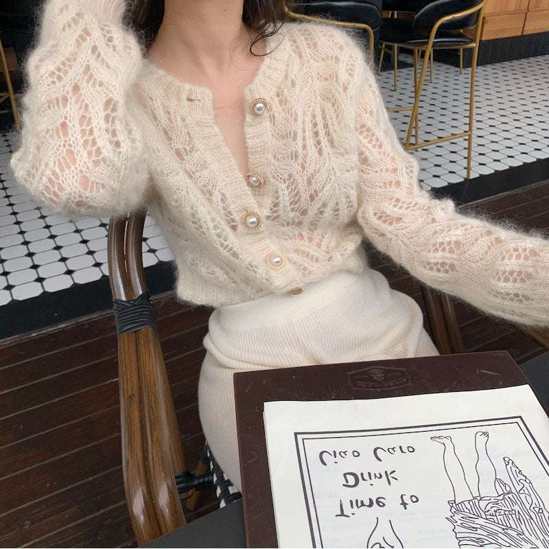 Women's White Hollow Knitted Open Sweater Coat