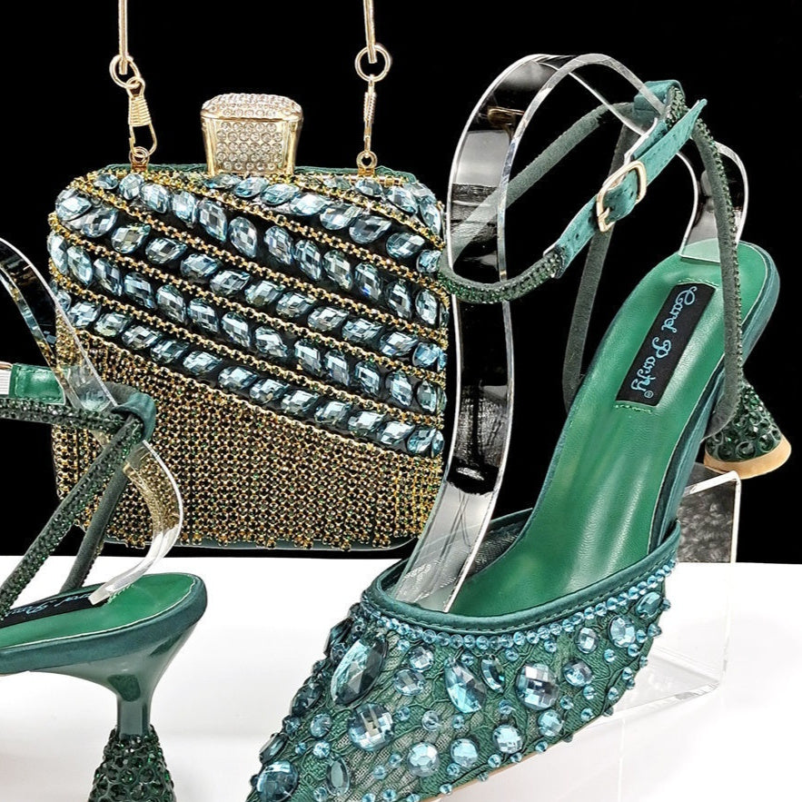 Large Rhinestone High Heel Sandals Three-dimensional Tassel Handbag Set - globaltradeleader