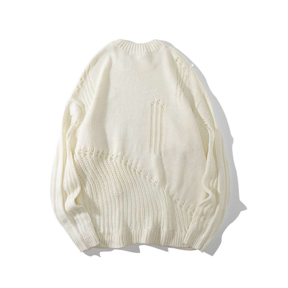 Solid Color Hollow Knit Men's Loose Crew Neck Sweater