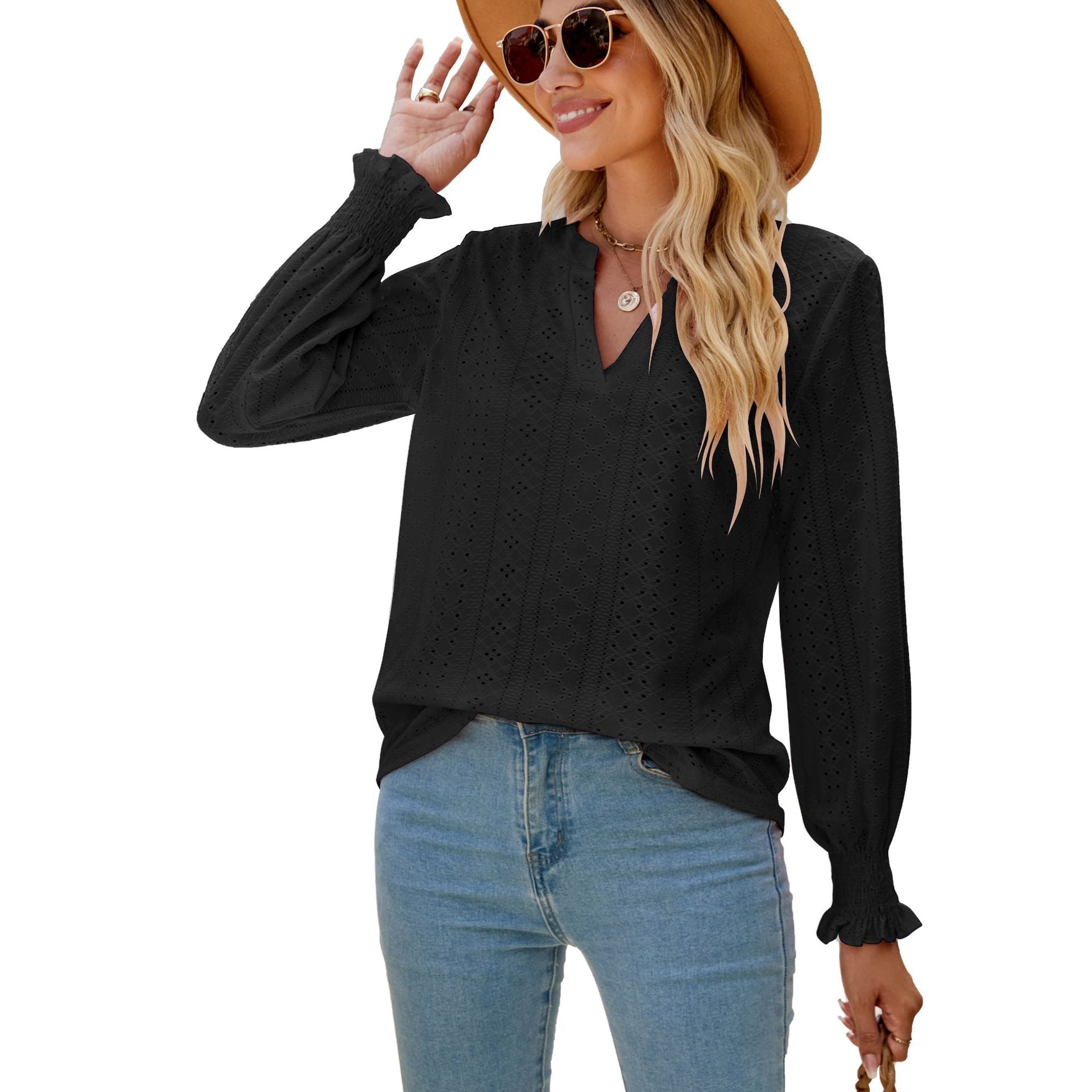 Solid Color Hollow-out Pleated Ruffle Shirts Sleeve V-neck Loose Long Sleeve Tops Women - globaltradeleader