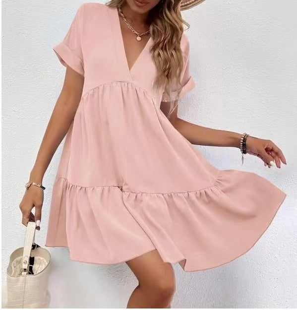 New Short-sleeved V-neck Dress Summer Casual Sweet Ruffled Dresses Solid Color Holiday Beach Dress For Womens Clothing - globaltradeleader