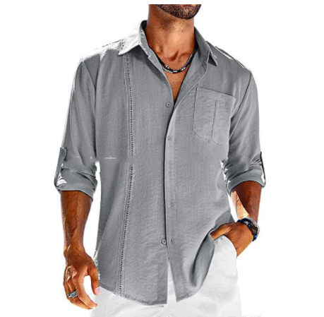 Casual  Long Sleeve Shirt With Pocket Lace Polo Collar Solid Color Button Mens Clothing - globaltradeleader