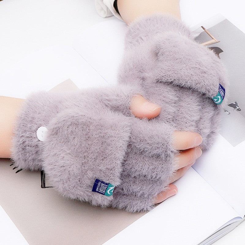 Plush Gloves Female Winter Warm Student Exposed Finger Flip Gloves Household - globaltradeleader