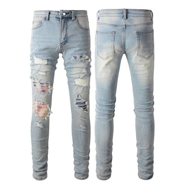 Hole & Patch Jeans Vintage Men's Stretch Slim High Street Denim - globaltradeleader