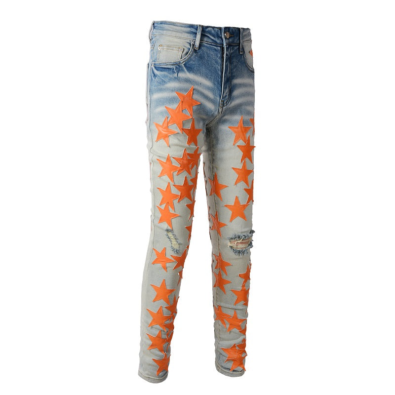 Orange Star Perforated European And American Men's Light Jeans