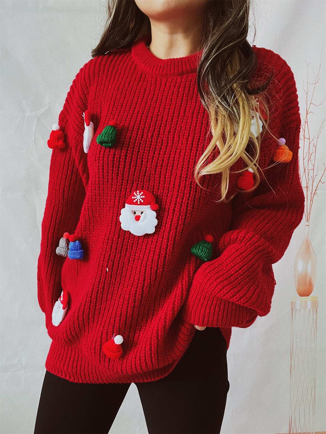 Women's Cute Fashion Santa Claus Three-dimensional Decoration Round Neck Long Sleeve Sweater - globaltradeleader