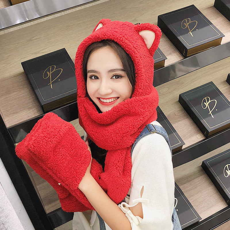 Autumn And Winter Korean Fashion Hat Scarf Gloves Women's Cute Cat Ear Scarf Cap