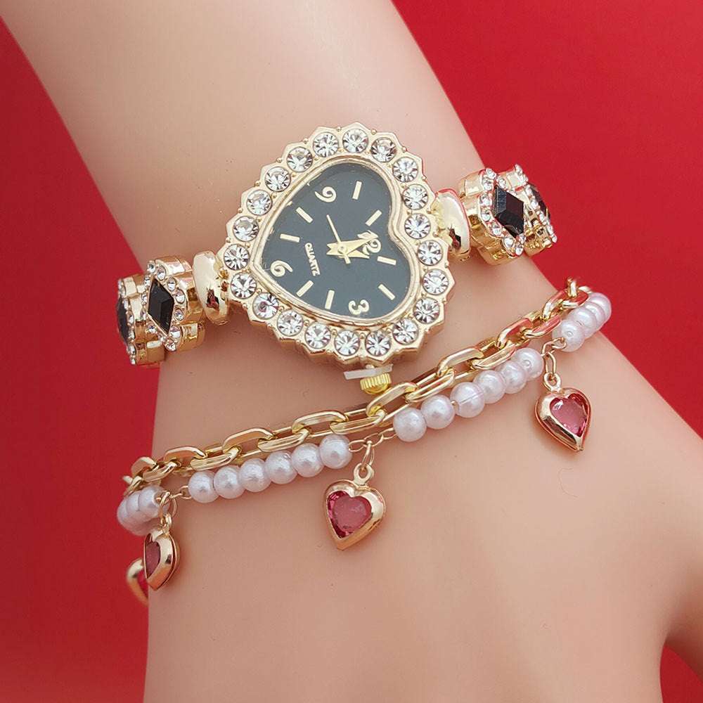 Fashion Love Shape Bracelet Watch Set Diamond Colored Heart Quartz Watch Women's Fashion Jewelry Set Valentine's Day Gift - globaltradeleader