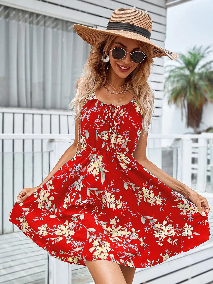 Floral Print Suspender Dress With Elastic Waist Design Fashion Summer Short Dresses Womens Clothing - globaltradeleader