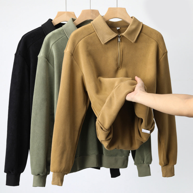 Fashion Lapel Half-zip Sweatshirt Winter Warm Fleece Long Sleeve Top Men's Clothing - globaltradeleader