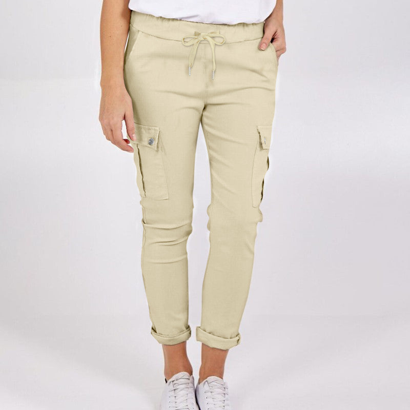 Casual Cargo Pants With Pockets Solid Color Drawstring Waist Pencil Trousers For Women - globaltradeleader