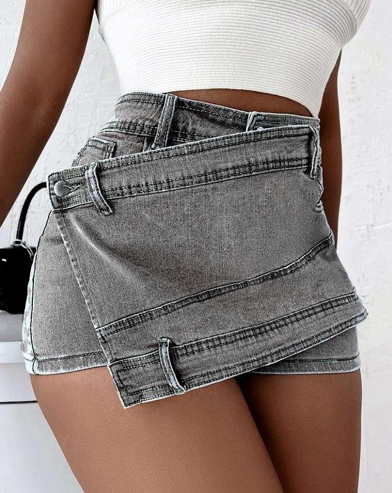Street Vintage Denim Shorts Stretch Overlap Waist Wrap Solid Asymmetrical Hem A-Line Skinny Mini Skorts Skirt - globaltradeleader