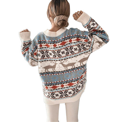 Women's Fashion Round Neck Loose Christmas Theme Jacquard Long Sleeve Sweater - globaltradeleader
