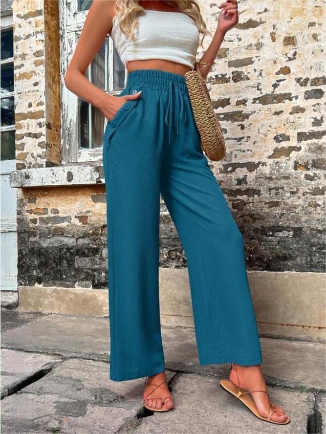 New Casual Pants With Pockets Elastic Drawstring High Waist Loose Trousers For Women - globaltradeleader