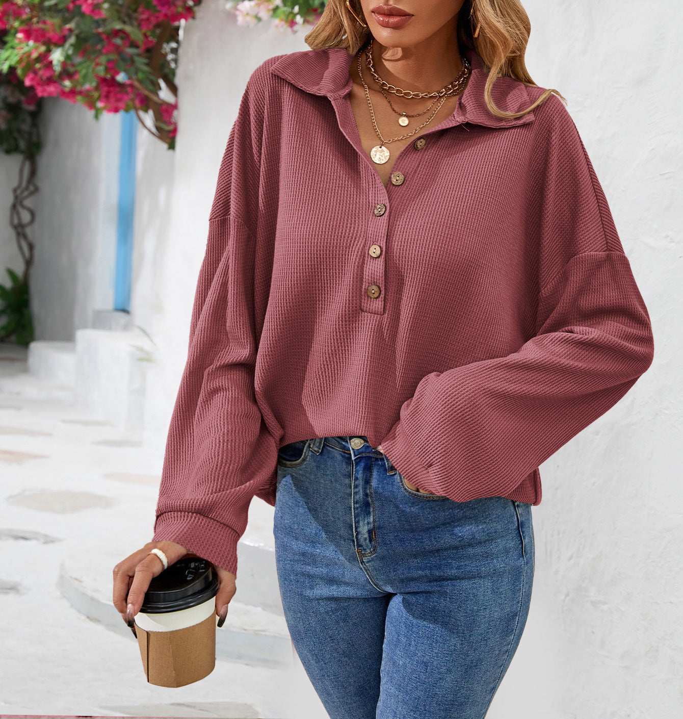 Fashion Lapel Button Sweatshirt Casual Loose Solid Color Long Sleeve Pullover T-shirt Top Womens Clothing - globaltradeleader
