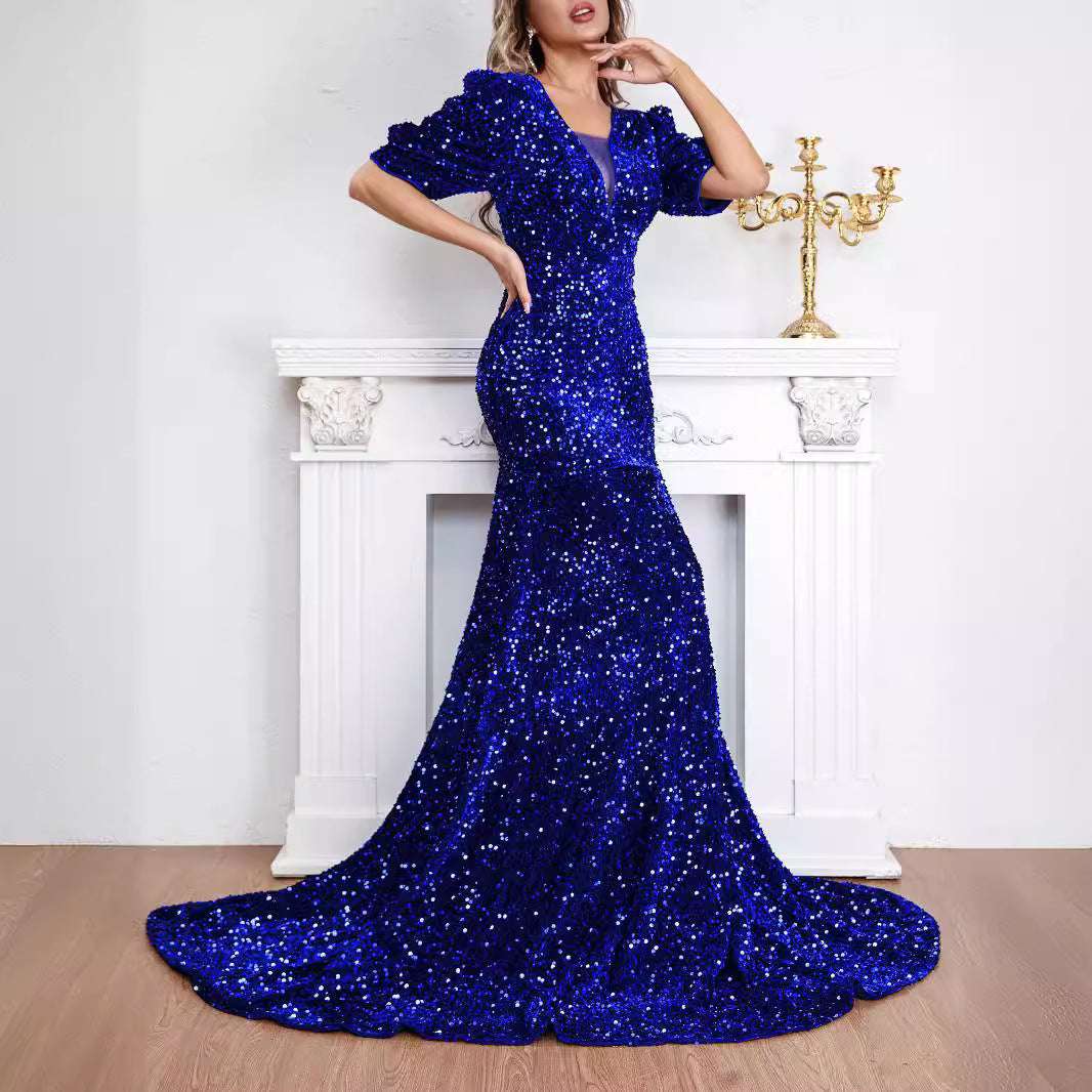 Sexy Middle Sleeve Trailing Sequin Dress Banquet Evening Dress - globaltradeleader