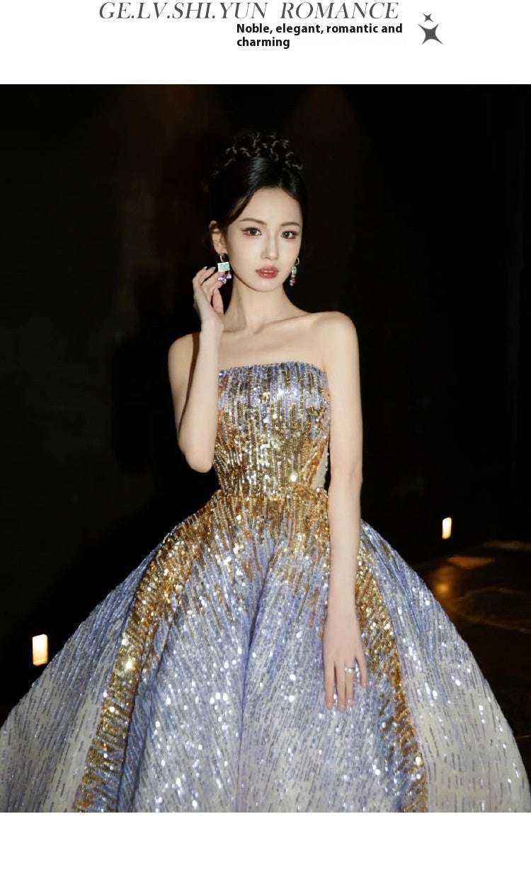 Purple Tube Top Light Miniature High-end Banquet Embossed Toast Dress - globaltradeleader