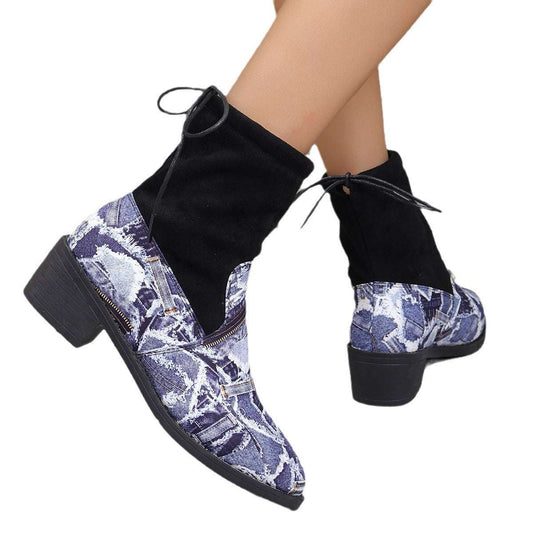Serpentine Print Sock Boots Women Fashion Square Chunky Heels Cowboy Boots Autumn And Winter Back Lace-up Round Toe Shoes - globaltradeleader