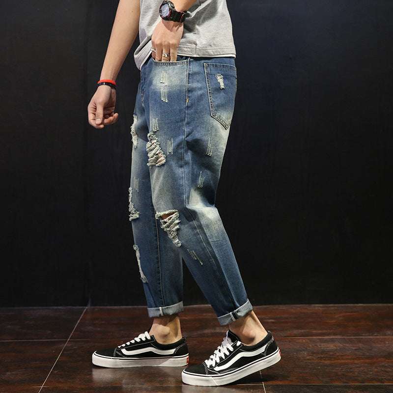 Men's Ripped Jeans Loose Overweight Man Plus Size Skinny Pants - globaltradeleader