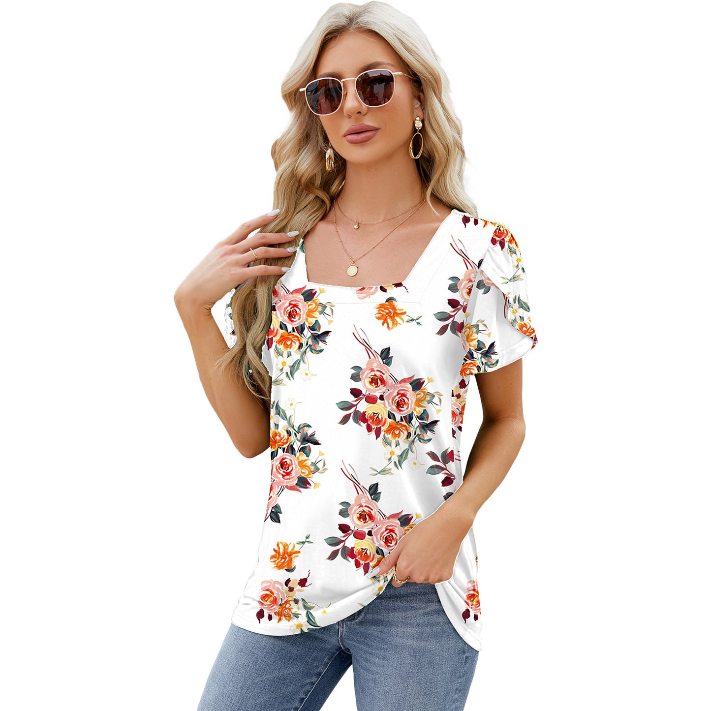 Summer Top Fashion Square Neck Printed Short-sleeved T-shirt With Petal Sleeve Design Bohemian Beach Loose T-shirt For Womens Clothing - globaltradeleader