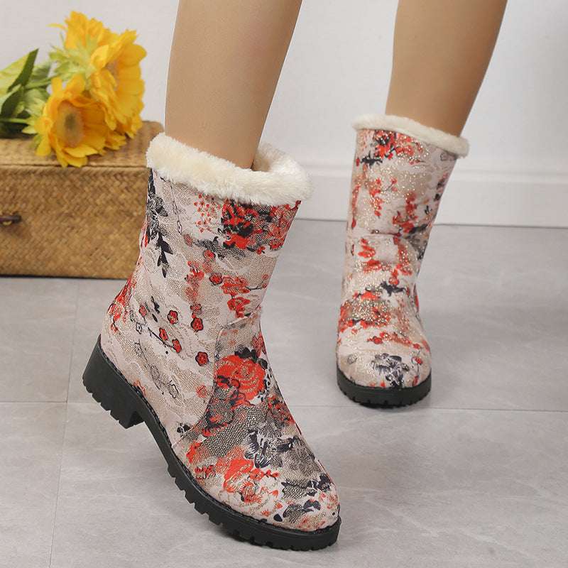 Fashion Flowers Print Ankle Boots With Plush Winter Warm Platform Shoes Women Lightweight Plus Velvet Ankle Boots - globaltradeleader