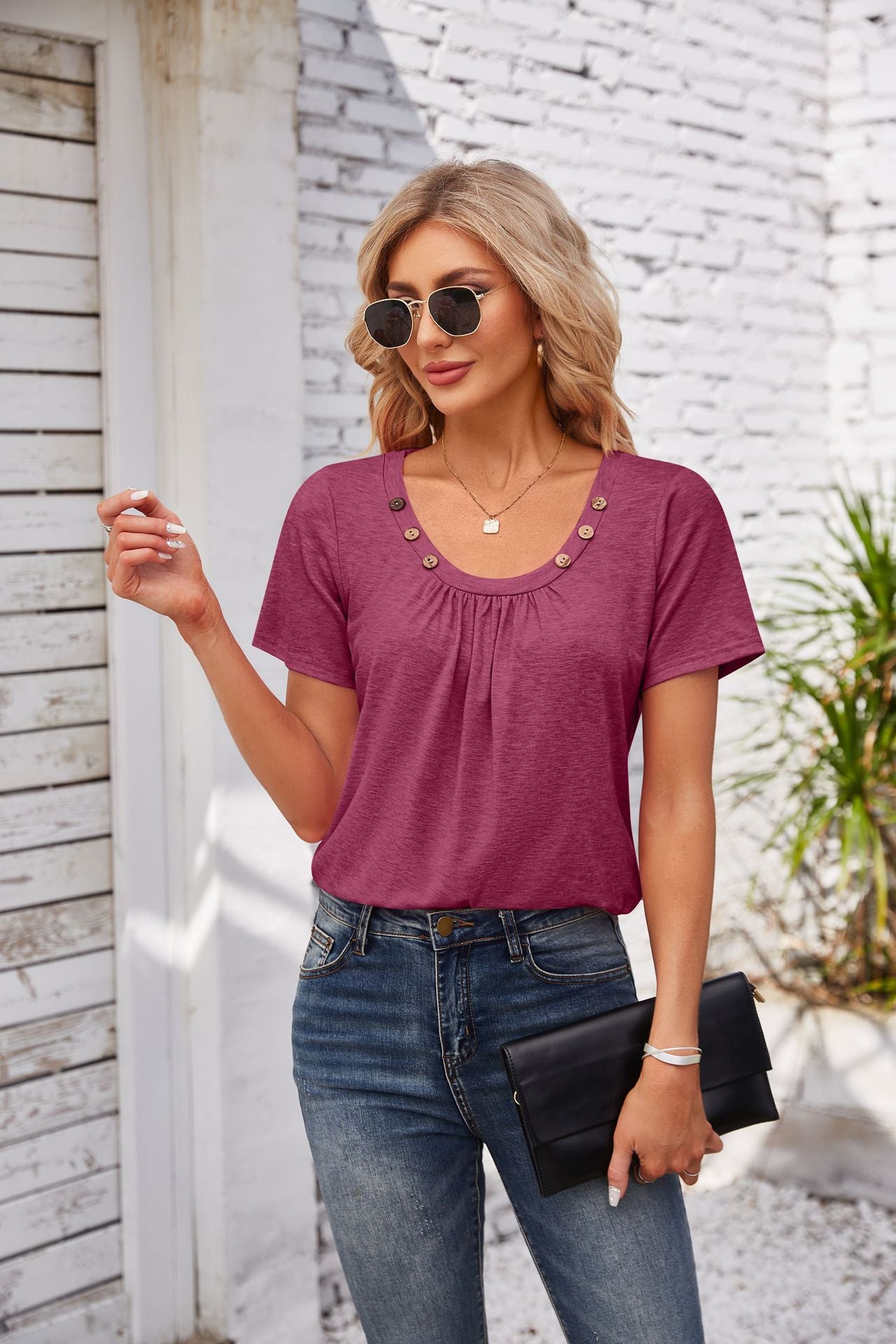 Women's Short-sleeved T-shirt Summer Button Square Collar Pleated Design Solid Color Loose T-shirt Womens Clothing - globaltradeleader