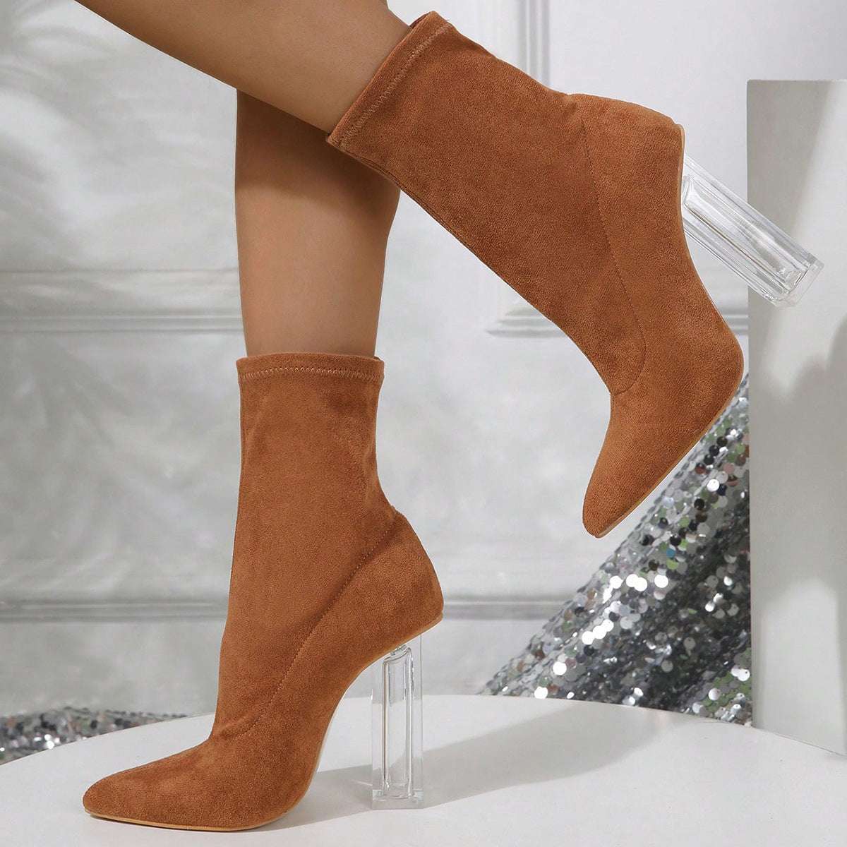 New Crystal Heel Boots Fashion High-heeled Party Shoes For Women Elastic Mid-calf Slim-foot Boots Autumn And Winter - globaltradeleader
