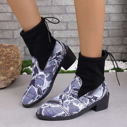 Serpentine Print Sock Boots Women Fashion Square Chunky Heels Cowboy Boots Autumn And Winter Back Lace-up Round Toe Shoes - globaltradeleader