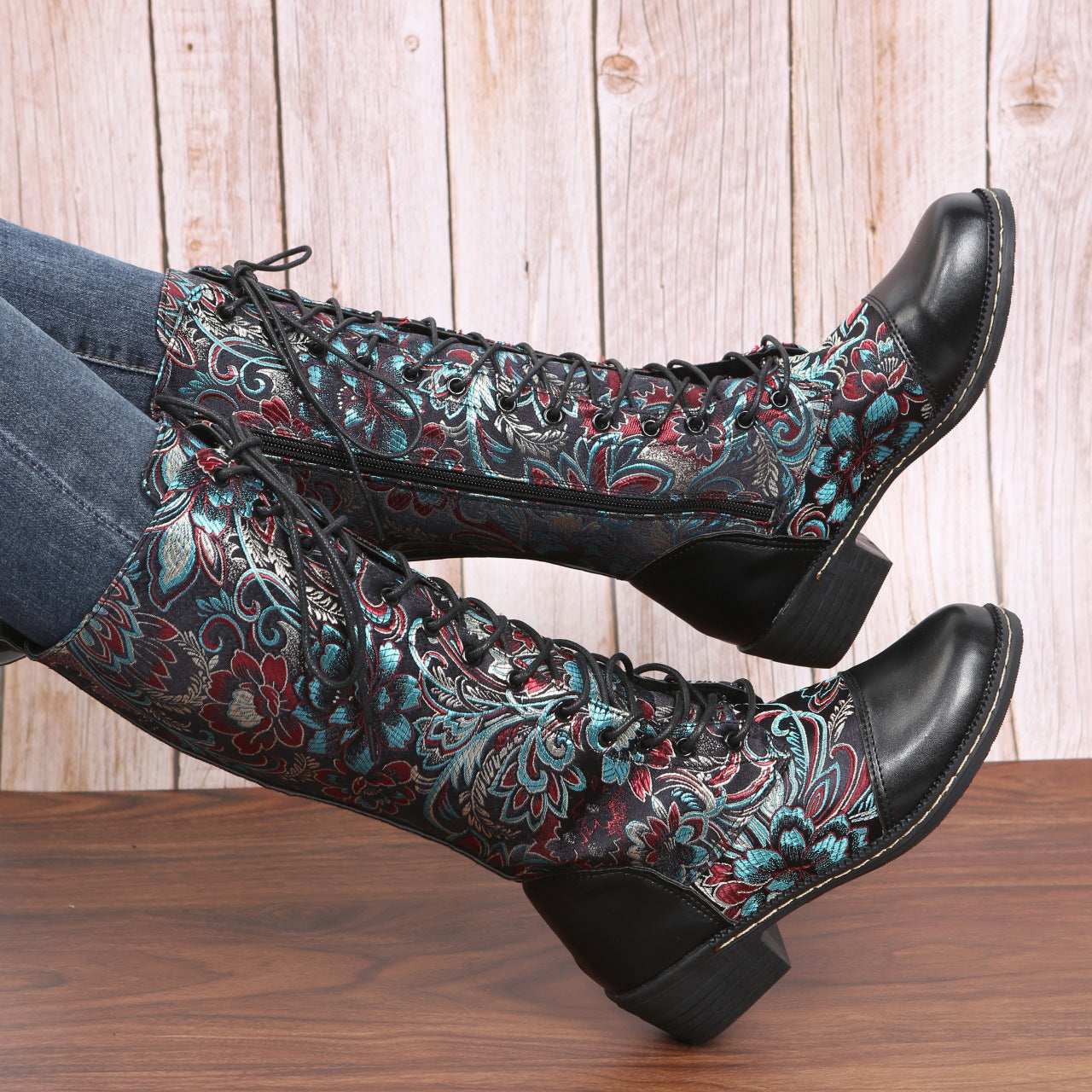 Flowers Print Long Boots WInter Retro Ethnic Style Shoes Lace-up Heeled Boots Women - globaltradeleader