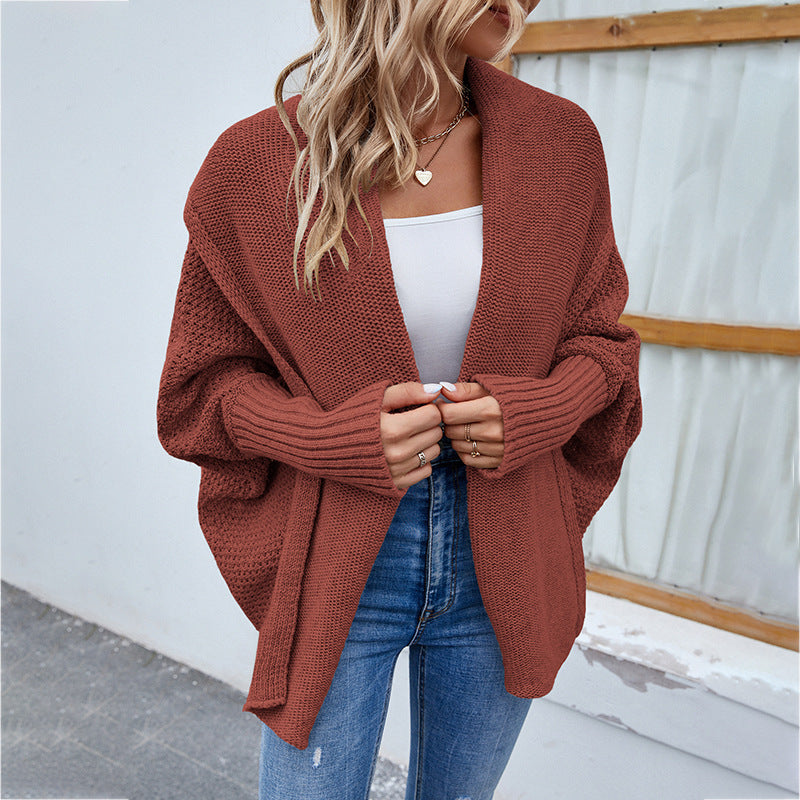 New Loose Knitted Sweater Solid Color Bat Sleeve Large Lapel Cardigan Autumn And Winter Fashion Jacket For Women Clothing - globaltradeleader