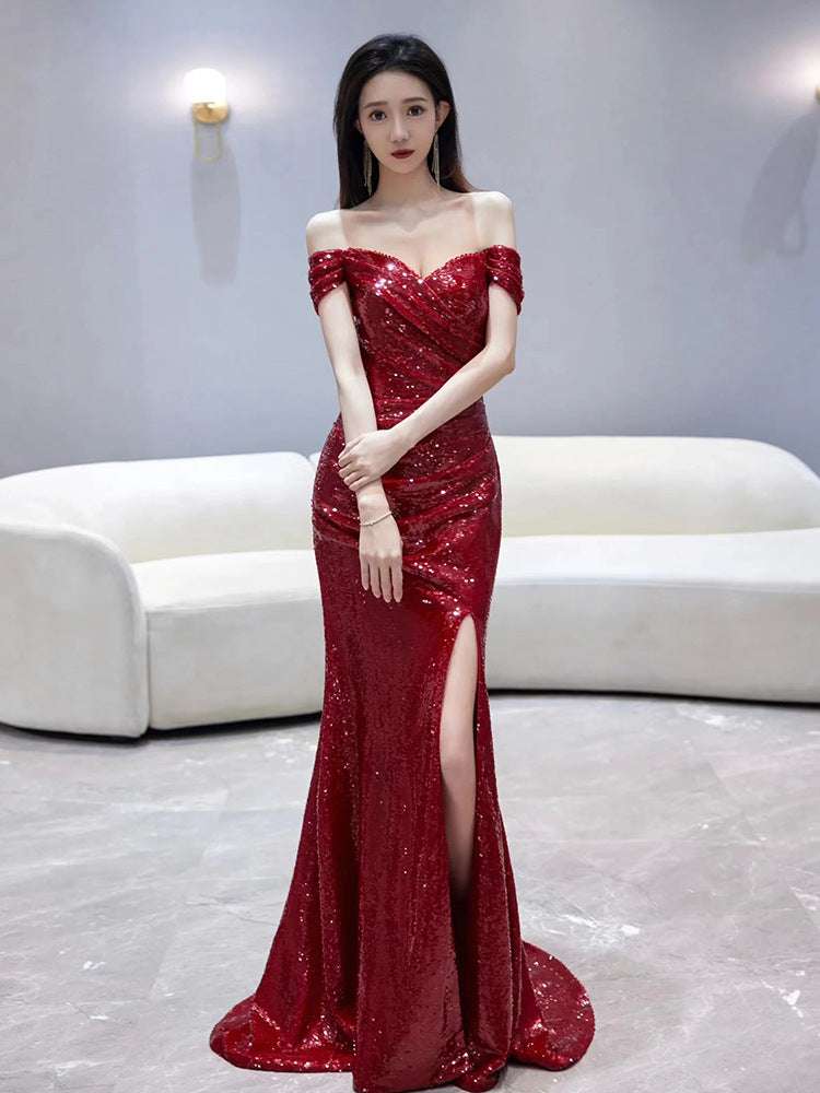 Fishtail Toast Dress Bride Wine Red Split Engagement Dress - globaltradeleader