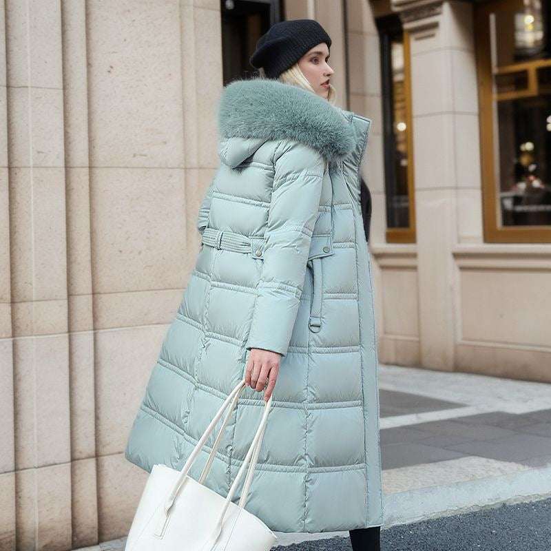 Winter Slim Long Jacket With Fur Hood And Belt Fashion Solid Hooded Coat Warm Clothing For Women - globaltradeleader