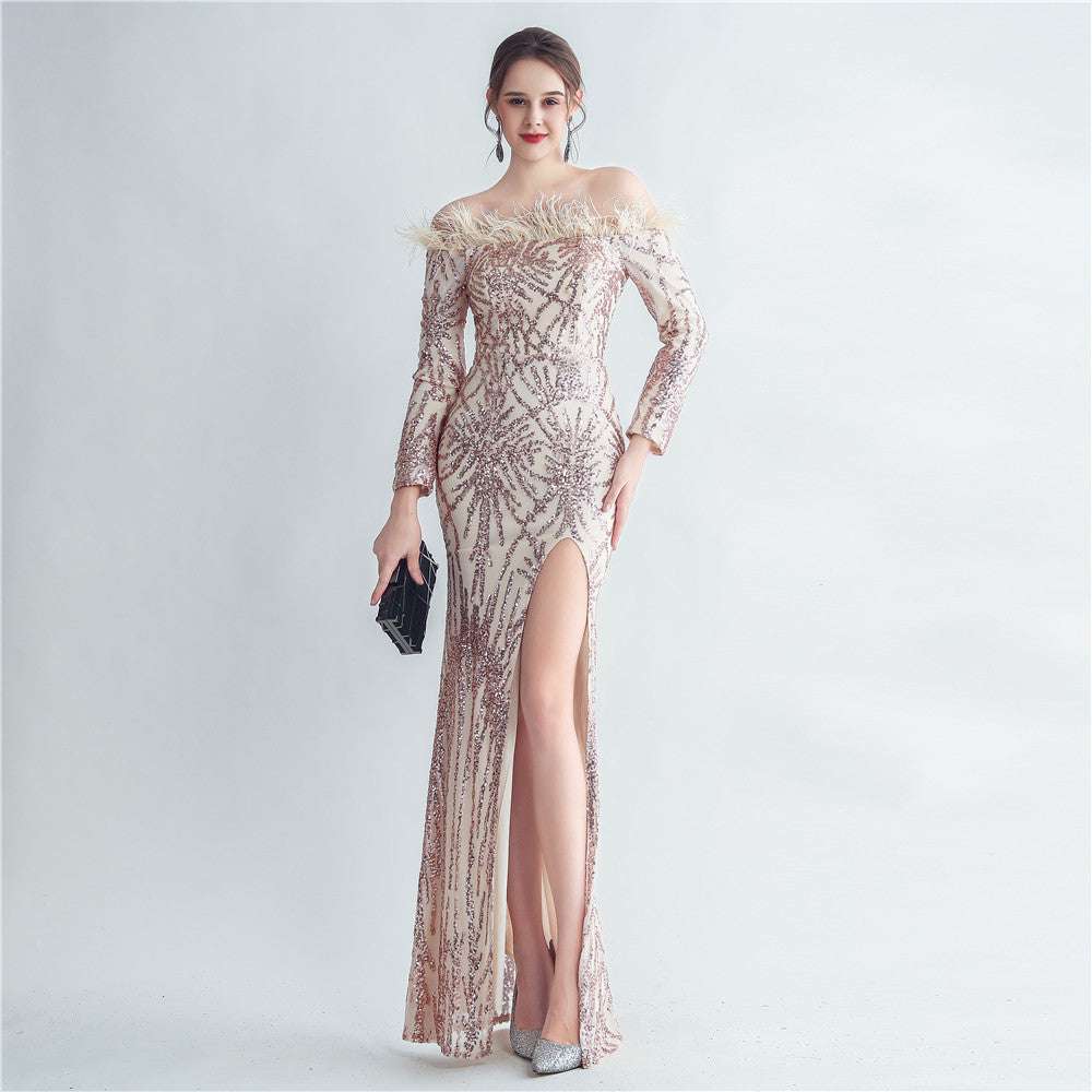 High-density Ostrich Feather Sequins Off-shoulder Long Sleeve Fishtail High-end Evening Dress - globaltradeleader