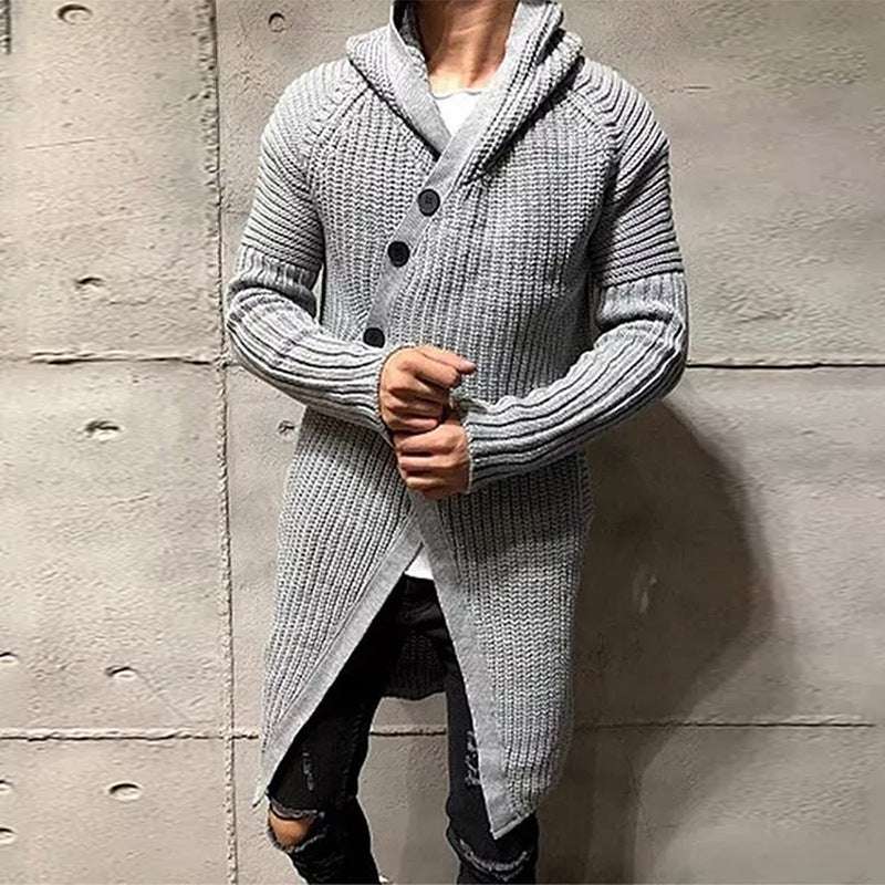 Long Knitted Hooded Sweater Coat Men Solid Color Button Casual Clothes - globaltradeleader