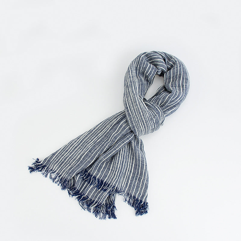 Cotton And Linen Scarf Japanese Literary Style Striped Fringed Drape