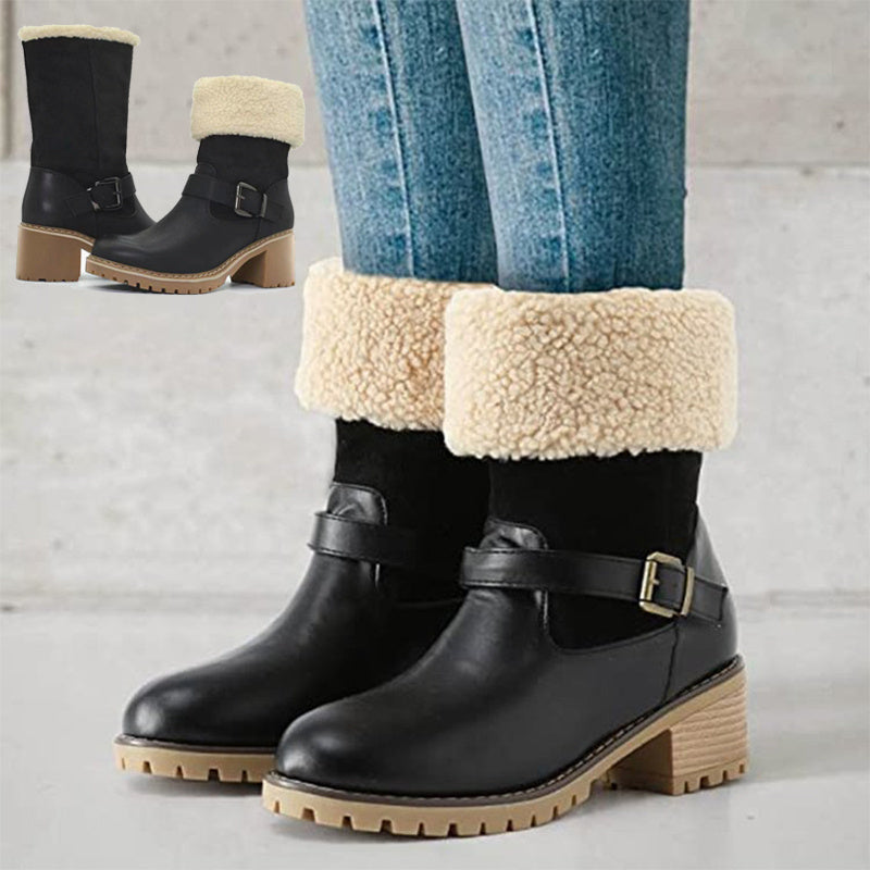 Fashion Boots With Buckle Chunky Heel Shoes Warm Winter Round Toe Western Boots For Women - globaltradeleader