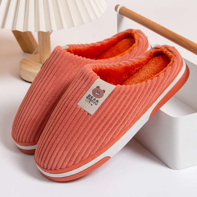 Solid Color Striped Slippers For Women Thick-soled Anti-slip Indoor Warm Plush Home Shoes Couple Women Men Slipper Winter - globaltradeleader