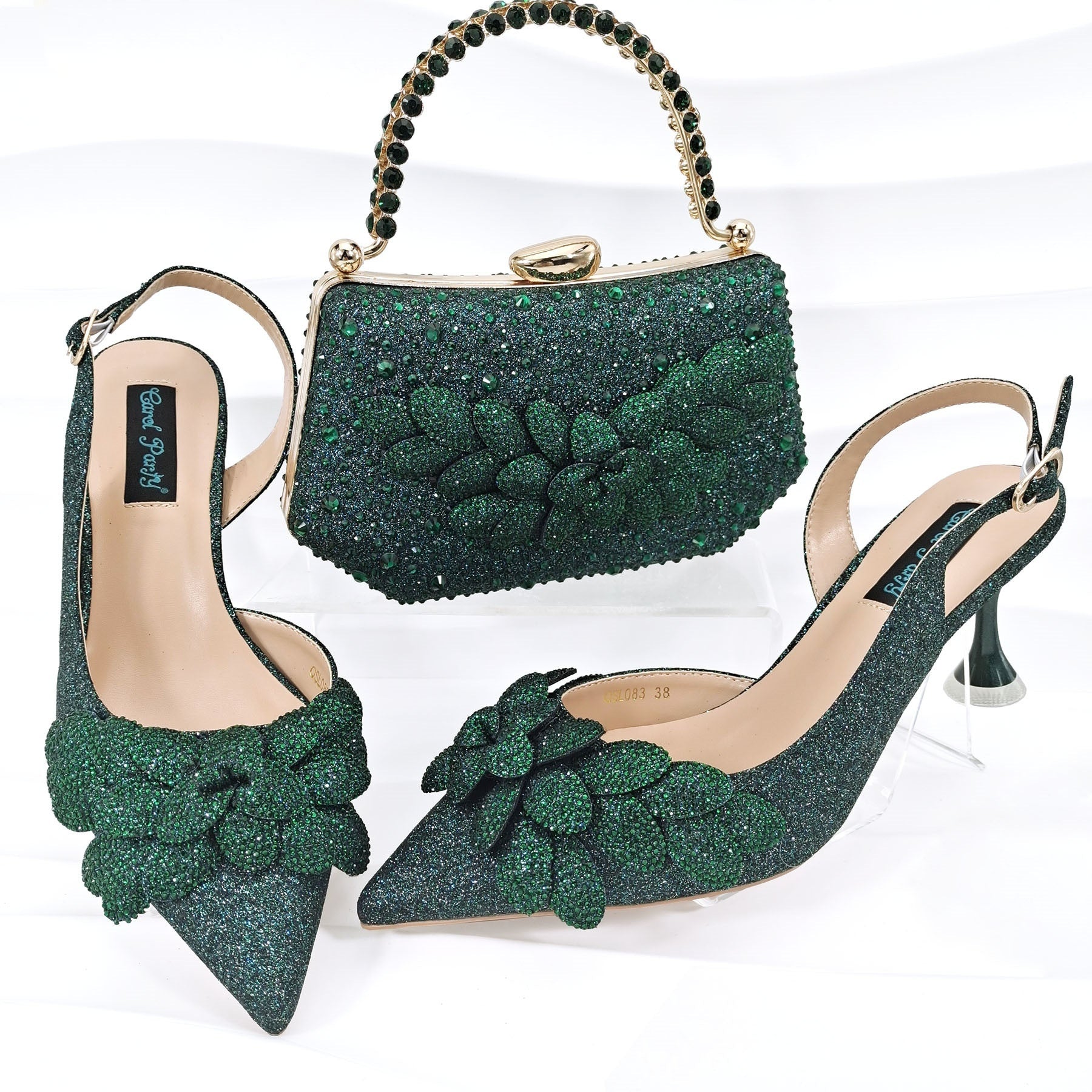 Cross-border Ladies Party Shoes Bag Set Handmade Leaf Decorative Wine Glass Heel - globaltradeleader