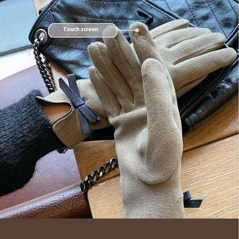 Warm Gloves Winter Women's Korean-style Cute Bow Fleece-lined Thickened - globaltradeleader