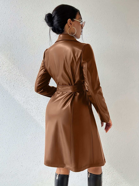 PU Long Sleeve Jacket Women's Slim Fit Long Trench Coat - globaltradeleader