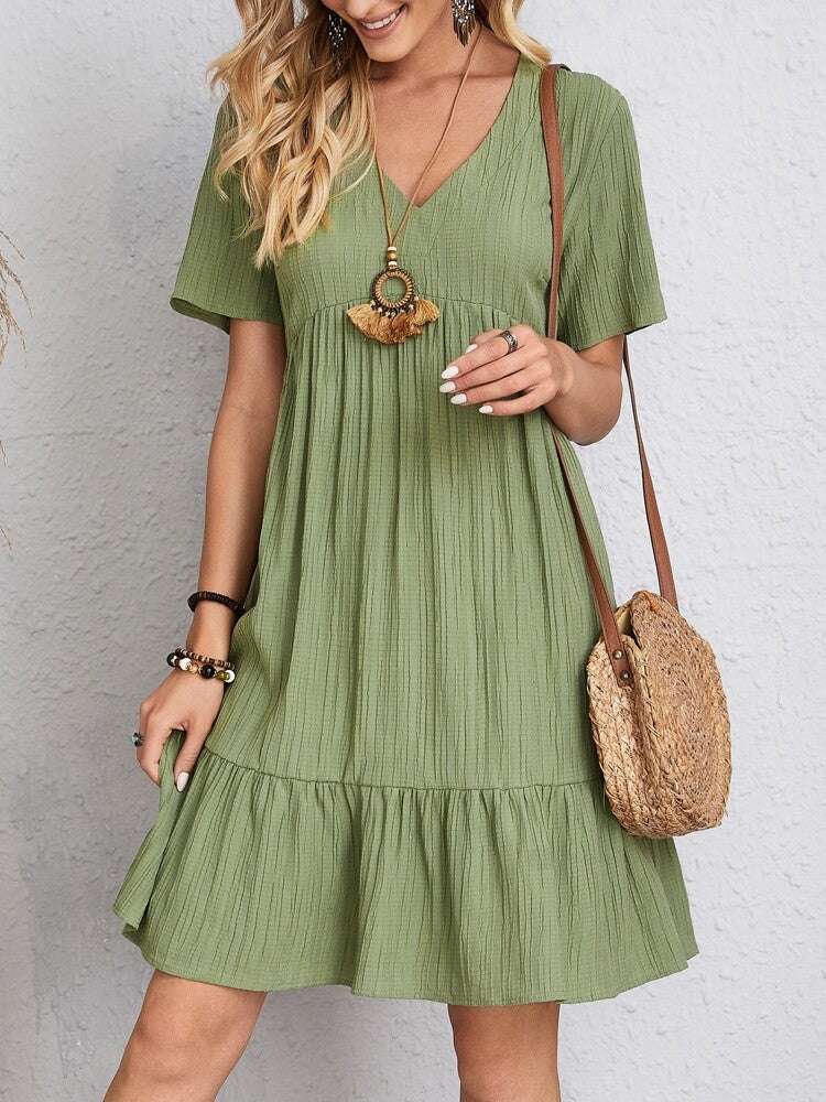 V-neck Short Sleeve Dress Summer Fashion Casual Loose Ruffled Dresses Beach Clothing Women - globaltradeleader