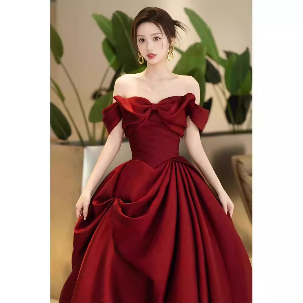 High-end Engagement Red Evening Dress French Off-shoulder Bow Princess Dress - globaltradeleader
