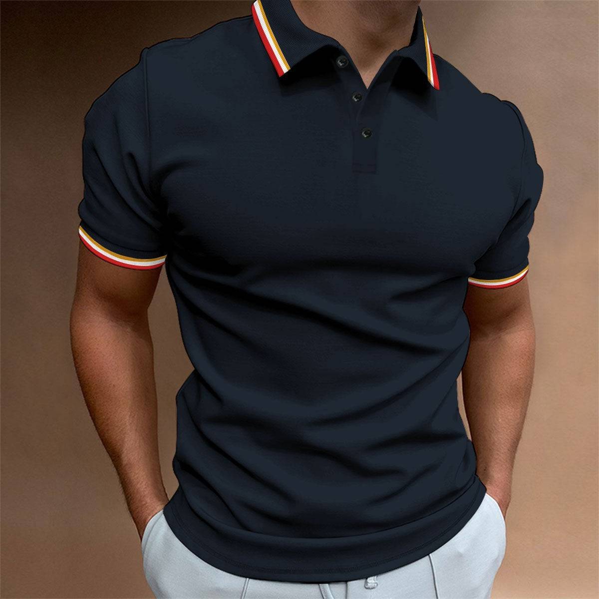 Men's Slim Polo Shirt Rib Striped T-shirt Top - globaltradeleader