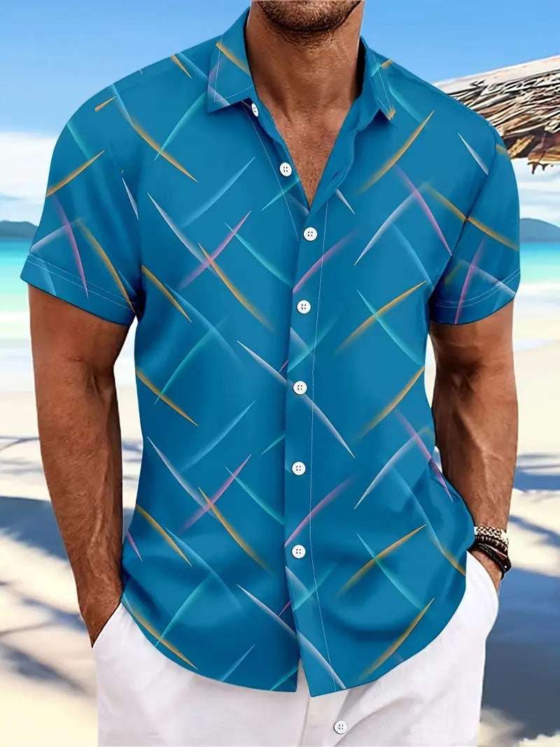 Summer New Men's Striped Feather Casual Beach Short Sleeve Button Shirt - globaltradeleader